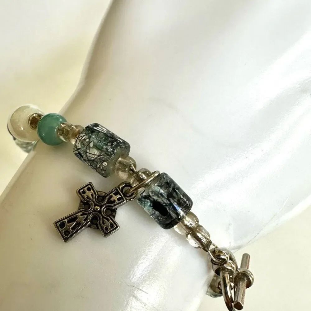 Blue glass beaded cross charm bracelet